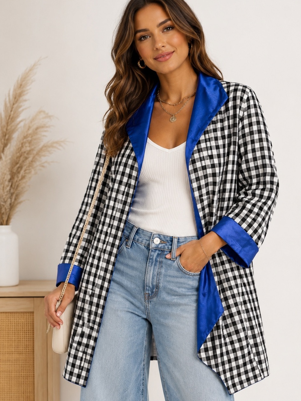 Grace Chuang Gingham Jacket - Black White Cobalt Blue - NWT